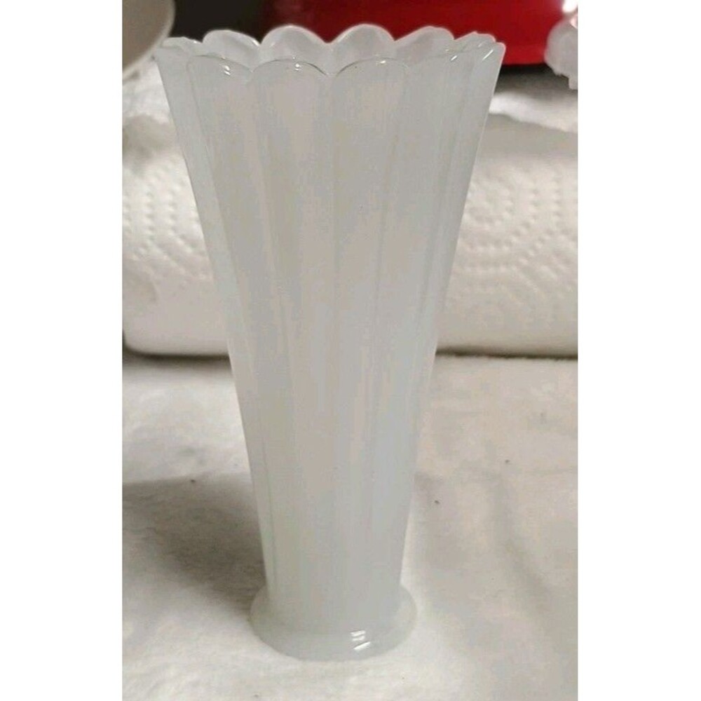 Vintage Mid Century White Milk Glass Fluted Vase Scalloped Rim Ribbed Paneled